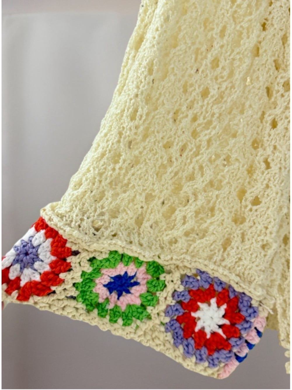 POL Crochet Knit Boho Cardigan Large Cream Granny Square Fringe Duster Sweater - Picture 8 of 10